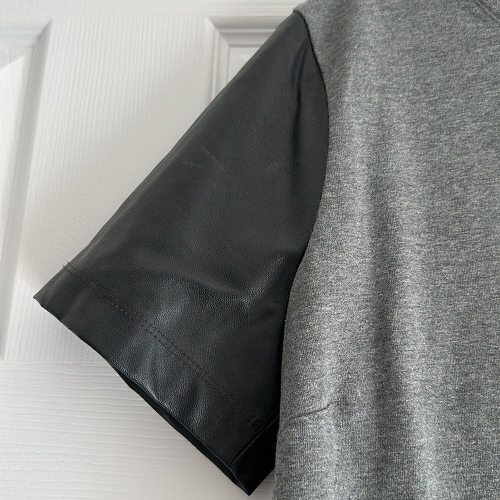 J. Crew Factory Women’s Grey with Faux Leather Sleeves Short Sleeve Top - Picture 2 of 5